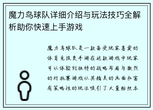 魔力鸟球队详细介绍与玩法技巧全解析助你快速上手游戏